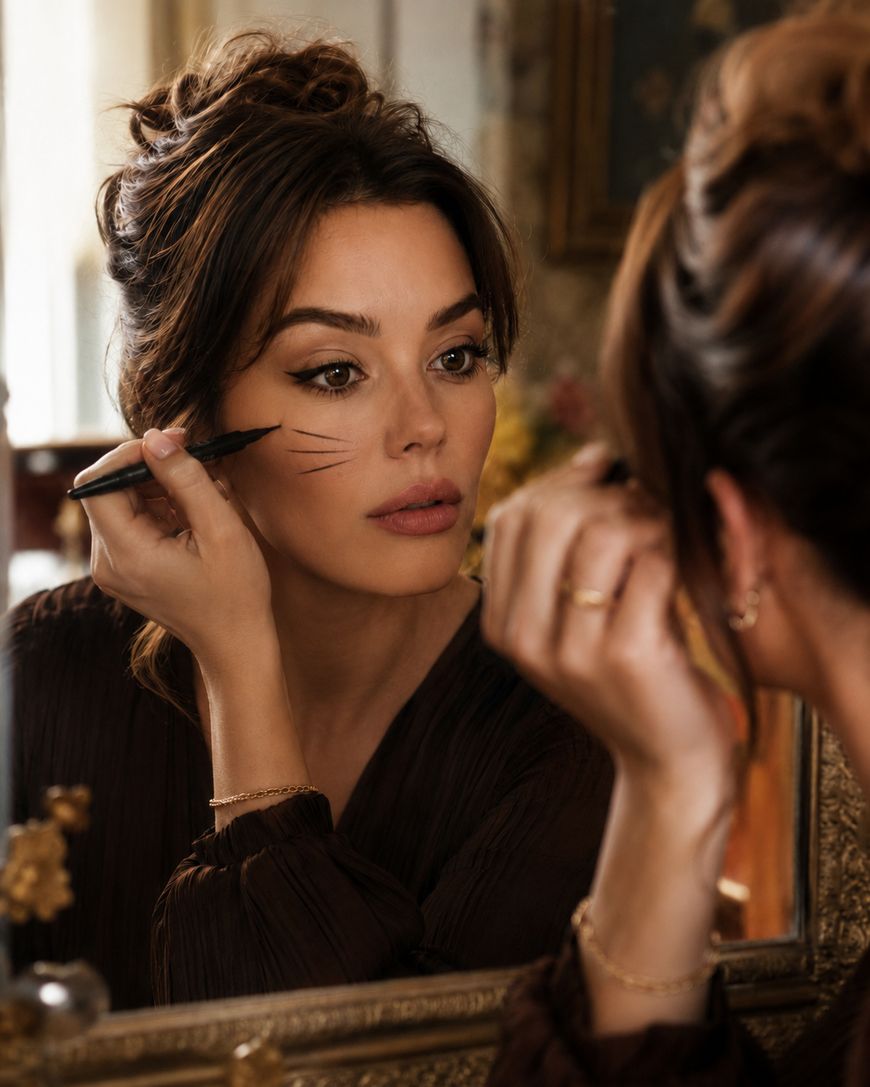 A woman drawing subtle cat whiskers with eyeliner in front of a mirror.