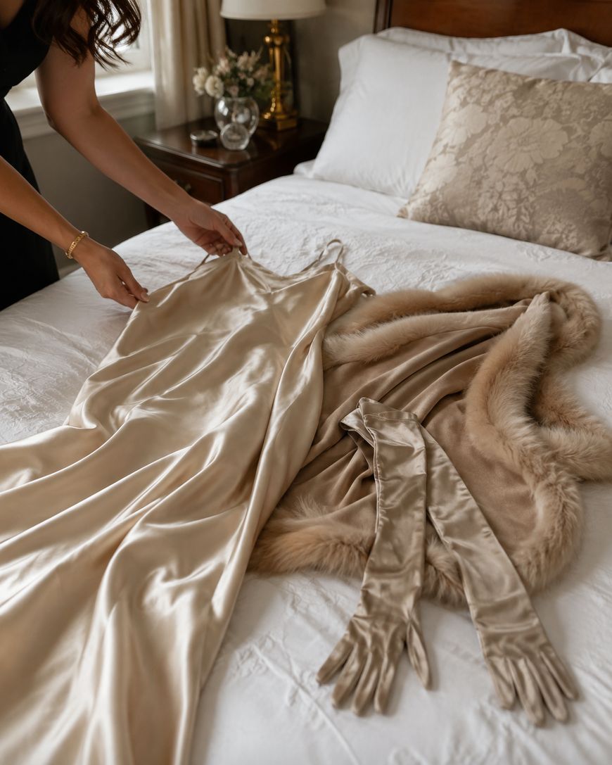 A satin slip gown, long gloves, and a fur-trimmed wrap laid out on a bed.