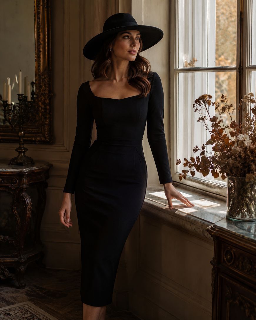 A woman in a fitted black midi dress and wide-brim felt hat standing by a window.