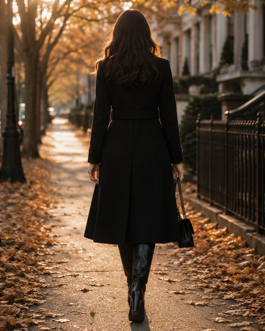 A woman in a tailored black coat and boots walking down a leaf-covered sidewalk.