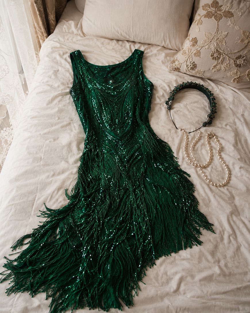 An emerald fringe sequin dress laid flat beside a beaded headband and pearl strand.