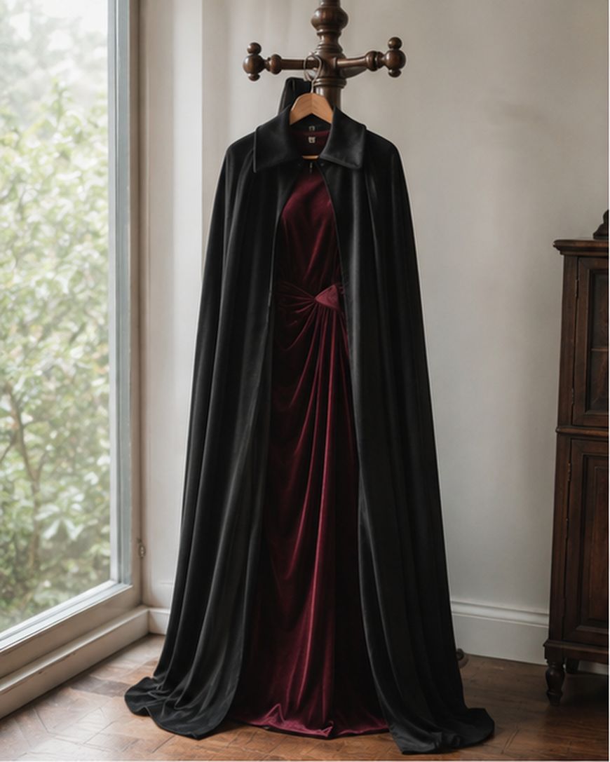 A floor-length black cape draped over a fitted burgundy dress on a coat rack.