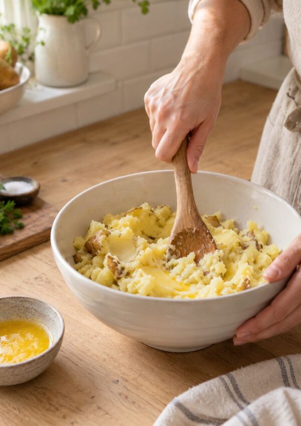 A person mashes cooked potatoes with a wooden spoon in a white bowl on a kitchen counter; a small bowl of melted butter sits nearby.