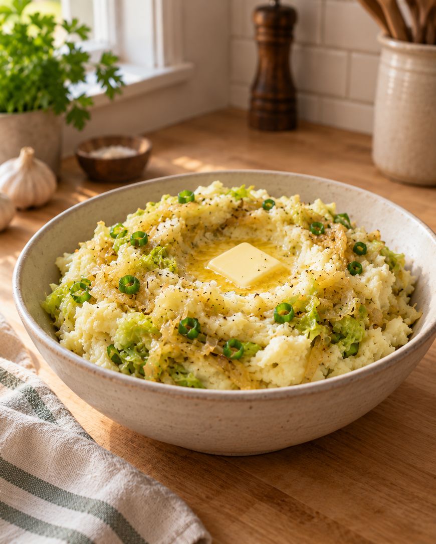 A bowl of mashed potatoes mixed with green peas and cabbage, topped with a pat of melting butter and cracked black pepper, sits on a wooden countertop in a sunlit kitchen.