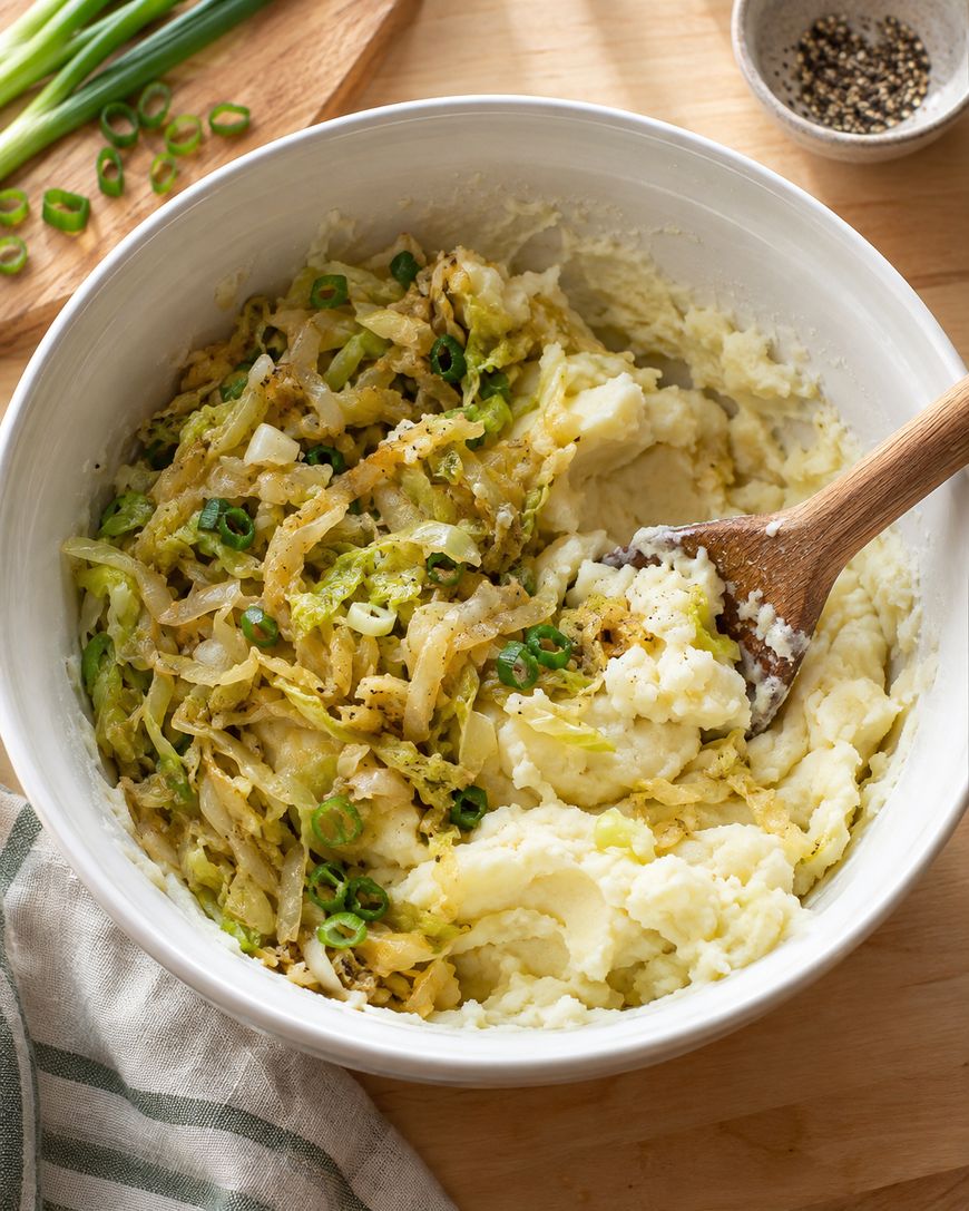 A bowl of mashed potatoes mixed with cooked cabbage and sliced green onions, stirred with a wooden spoon; pepper and green onions are on the table nearby.