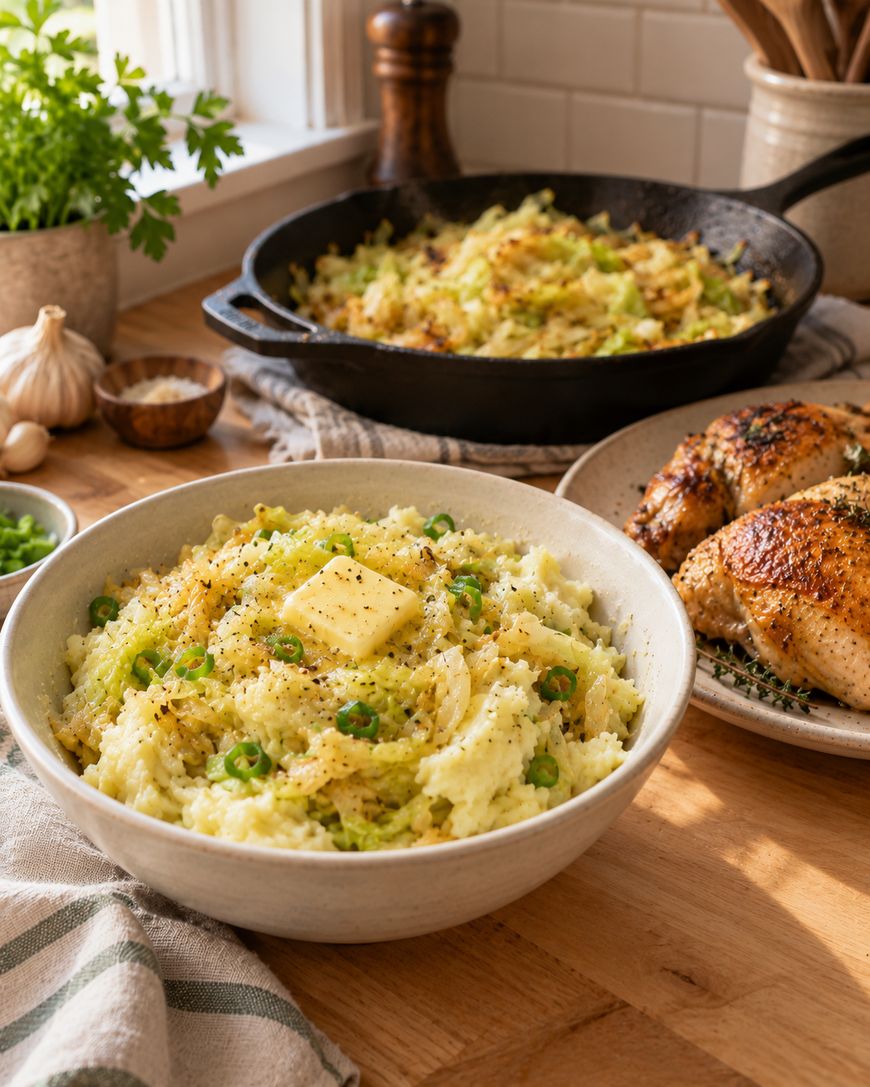 A bowl of mashed potatoes with peas and a pat of butter, a skillet with cooked cabbage, and a plate of roasted chicken on a wooden table near a window.