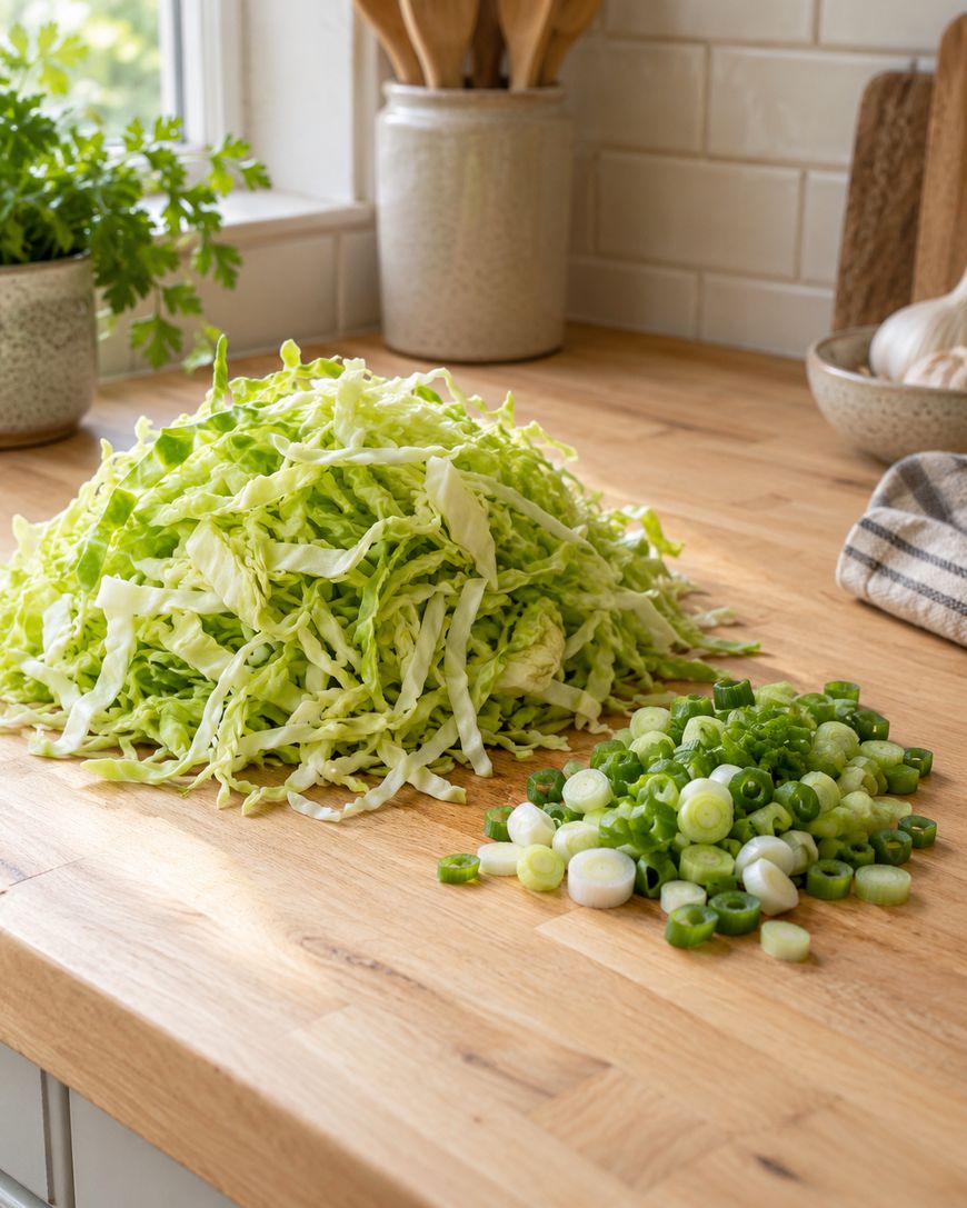 A pile of shredded cabbage and chopped green onions on a wooden kitchen counter, with plants and kitchen utensils in the background.
