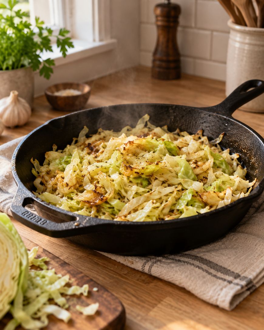 Sautéed cabbage with onions in a black cast iron skillet, sitting on a striped kitchen towel on a wooden countertop. Fresh parsley, garlic, and a pepper grinder are in the background.