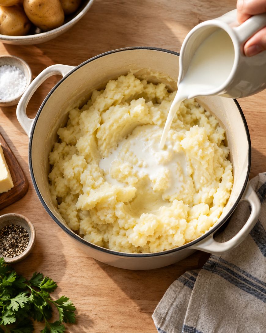 A hand pours milk into a pot of mashed potatoes on a wooden table, surrounded by salt, pepper, butter, whole potatoes, and fresh parsley.
