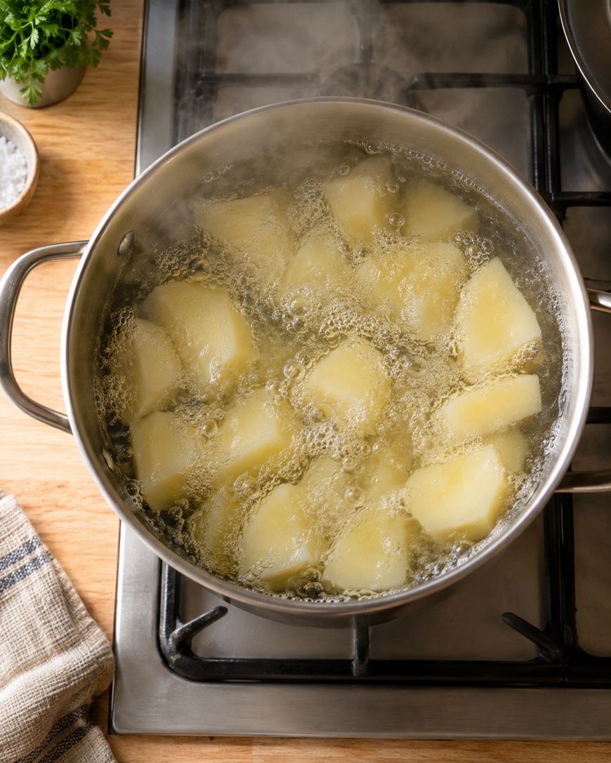 Large chunks of potatoes boiling in a stainless steel pot on a stove, with steam rising. A bowl of salt, a towel, and herbs are visible nearby on a wooden counter.