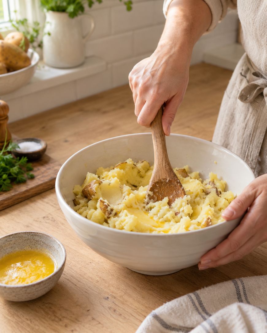 A person mashes potatoes with a wooden spoon in a white bowl on a wooden counter. A small bowl of melted butter and a kitchen towel are nearby.