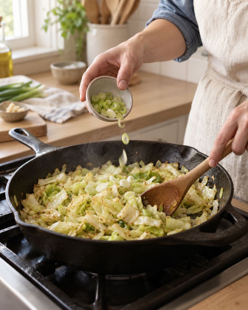 Person sprinkling chopped green onions into a cast iron skillet with sautéed cabbage, stirring with a wooden spoon in a bright kitchen.