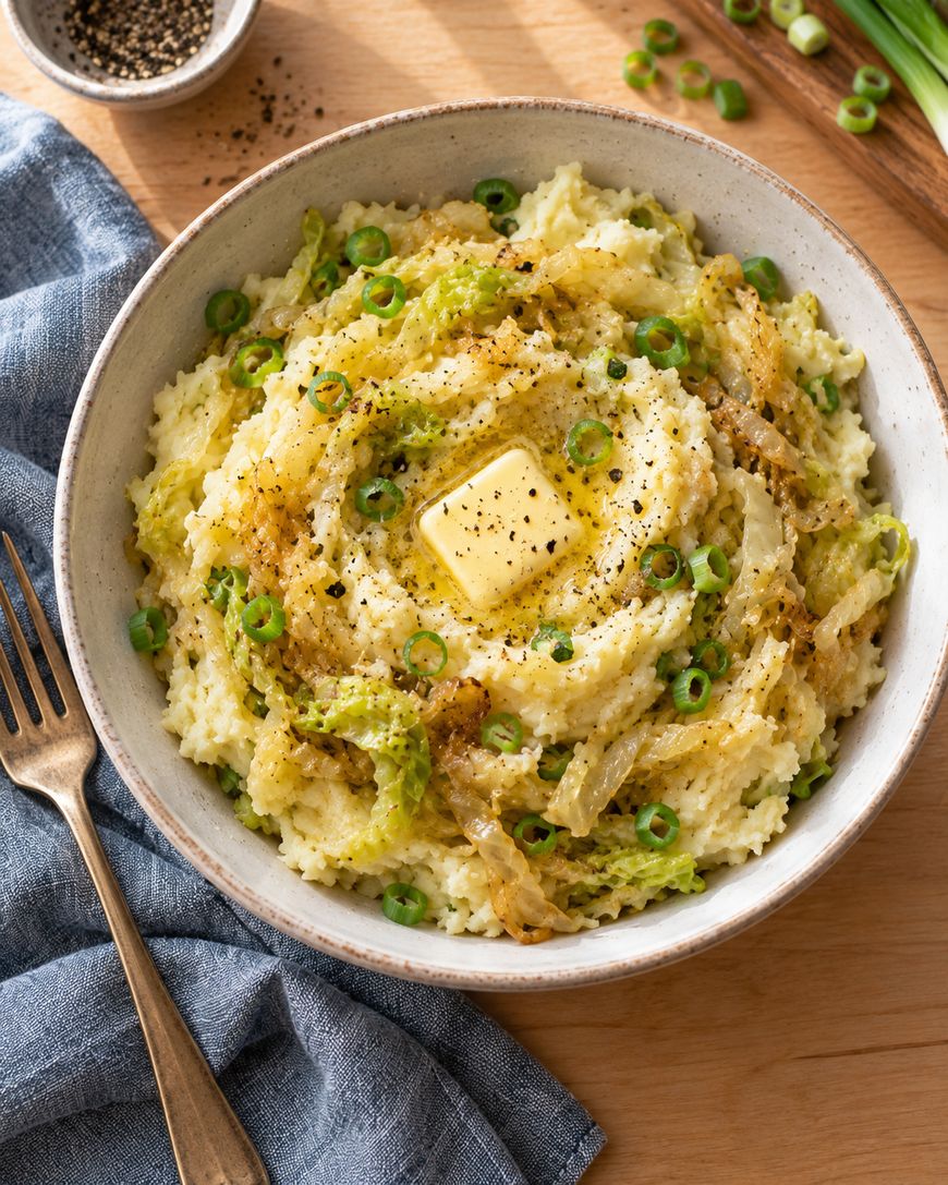 A bowl of mashed potatoes topped with sautéed cabbage, sliced green onions, a pat of butter, and black pepper. A fork, napkin, and pepper dish are nearby on a wooden table.