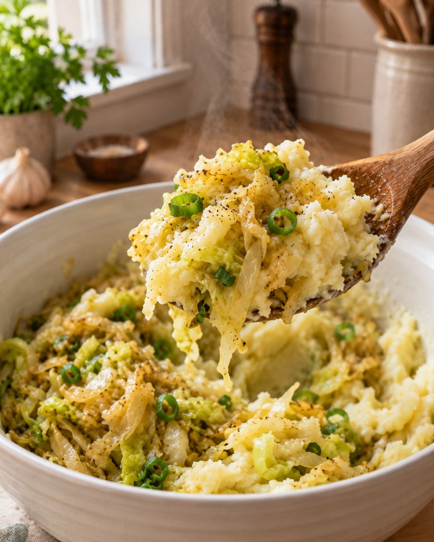 A wooden spoon lifts a portion of creamy mashed potatoes mixed with cabbage and green onions from a white bowl, with steam rising and seasonings visible on top.