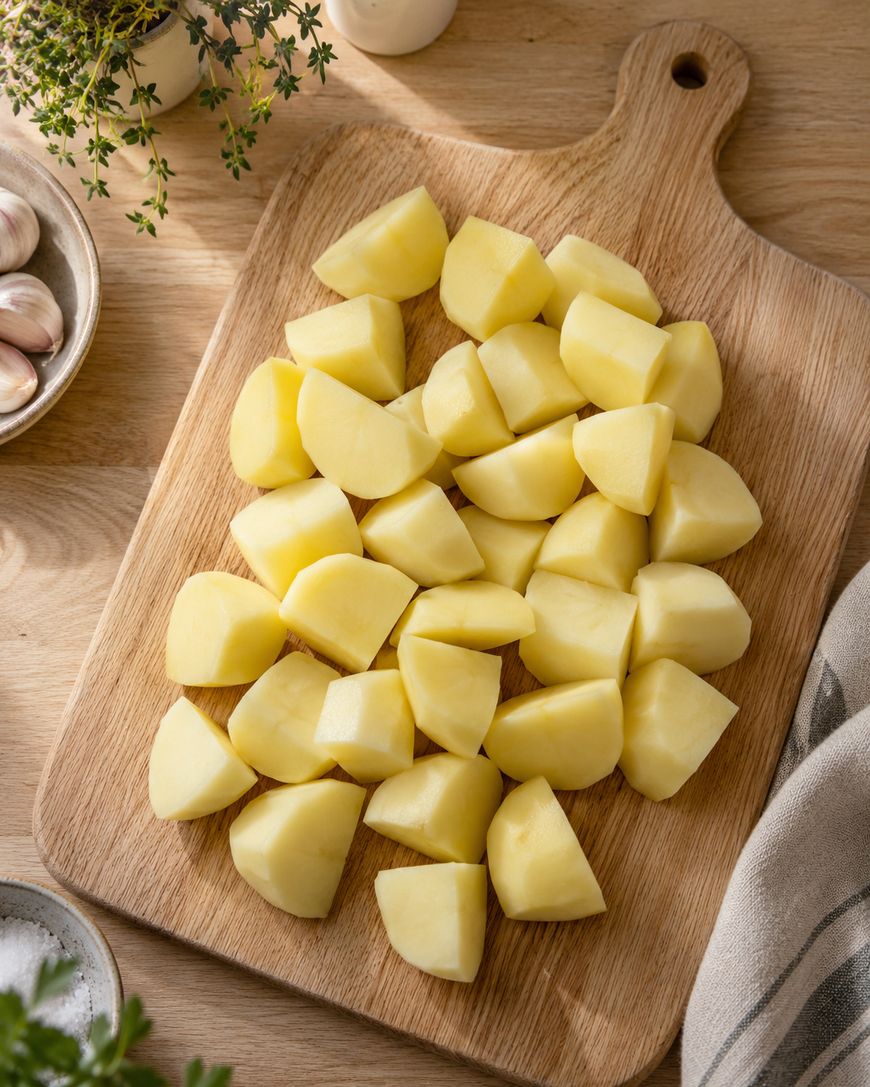 Peeled and chopped potatoes are arranged on a wooden cutting board, with some herbs, garlic, and a cloth napkin nearby on a light-colored table.