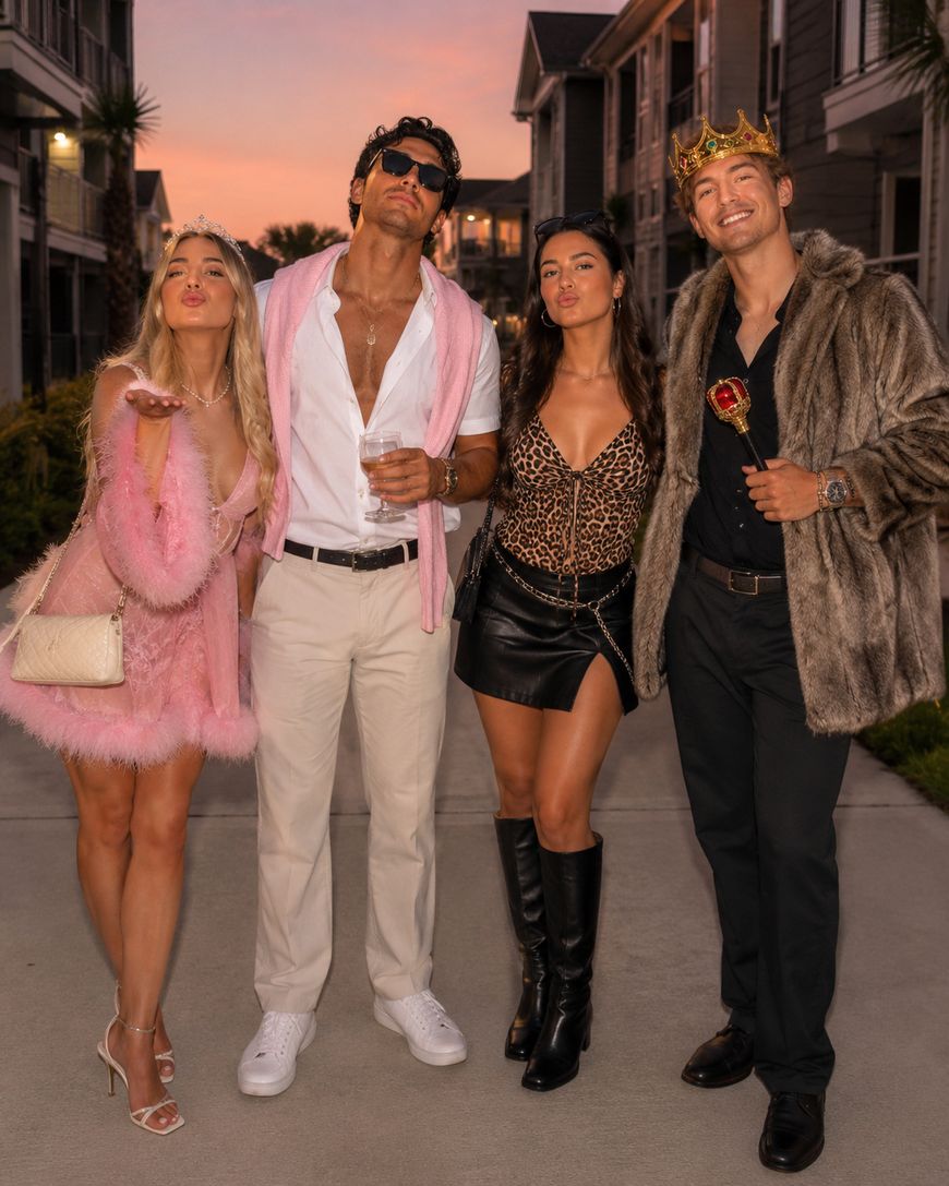 Four adults in playful, glamorous outfits pose on a sidewalk at sunset. Two women wear pink fur and leopard print; the men sport a pink sweater and a faux fur coat with crown accessories. All are making playful facial expressions.
