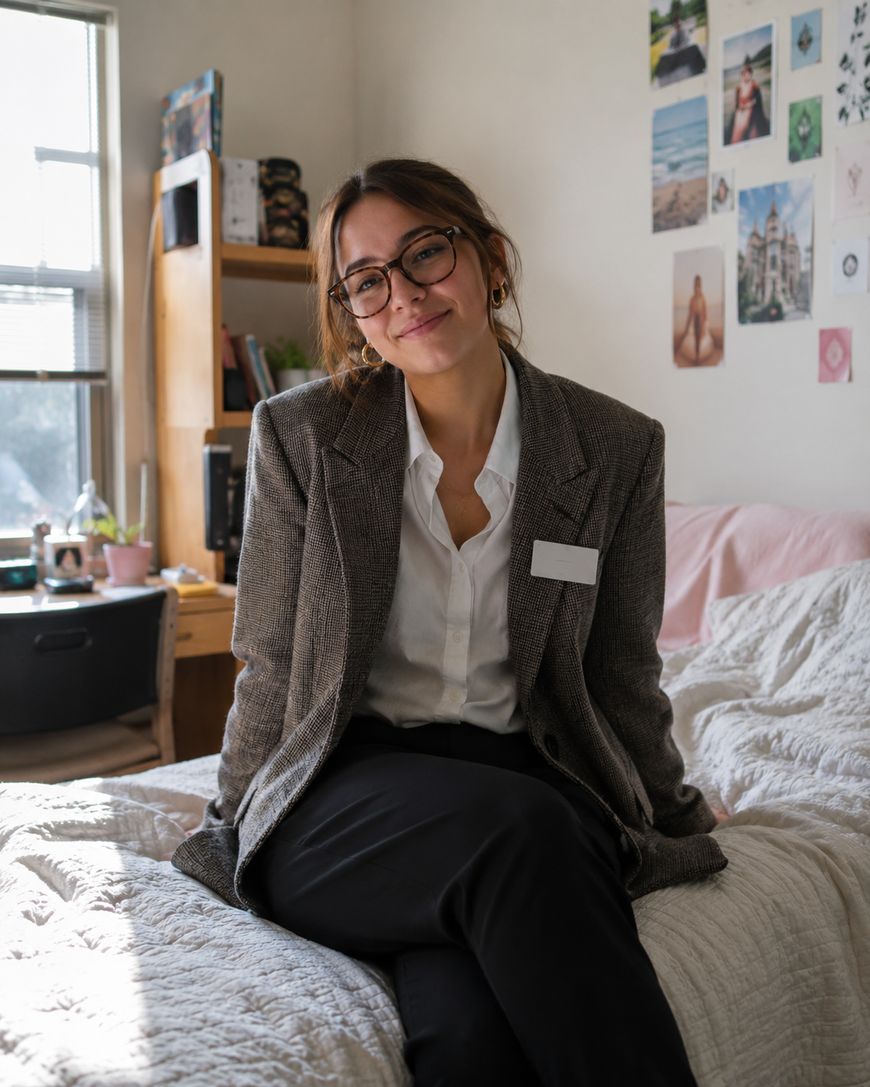 A woman wearing glasses and a blazer with a nametag sits on a bed in a sunlit, decorated bedroom, smiling at the camera.