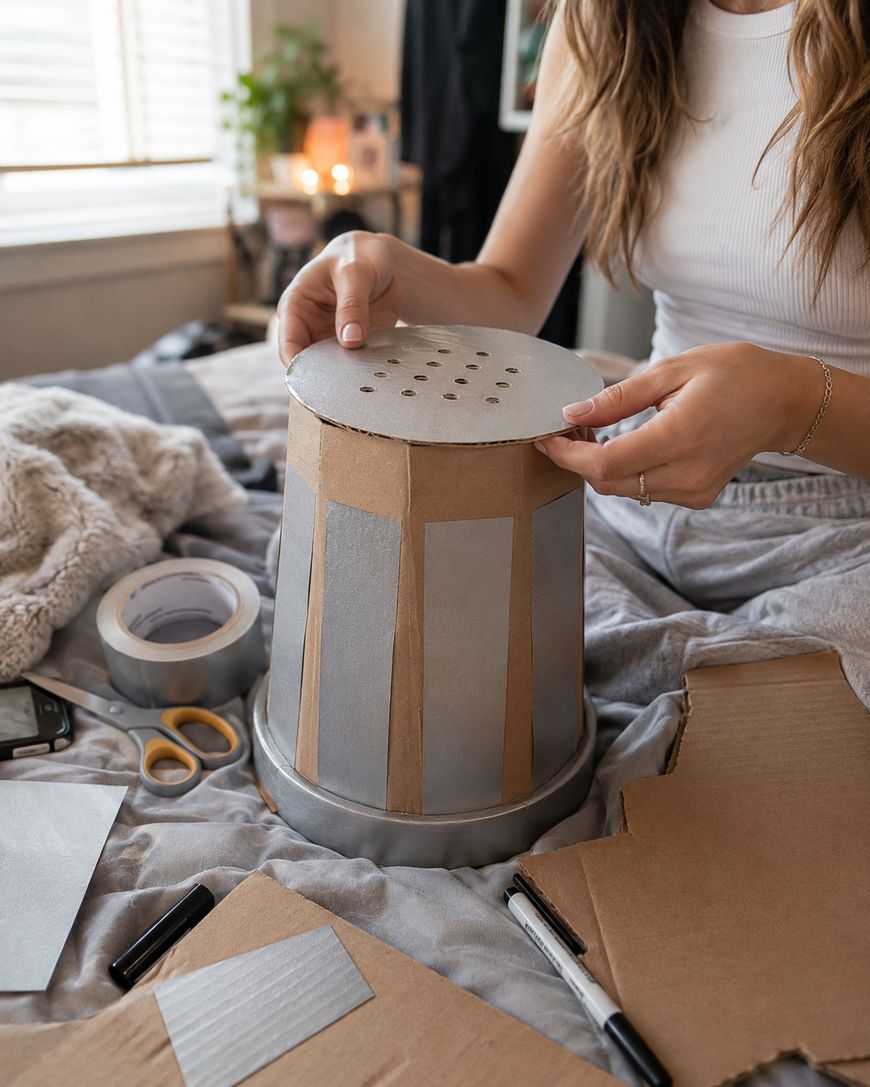 A person assembling a DIY cardboard project, possibly a robot or droid, on a bed with scissors, tape, markers, and cardboard pieces nearby.