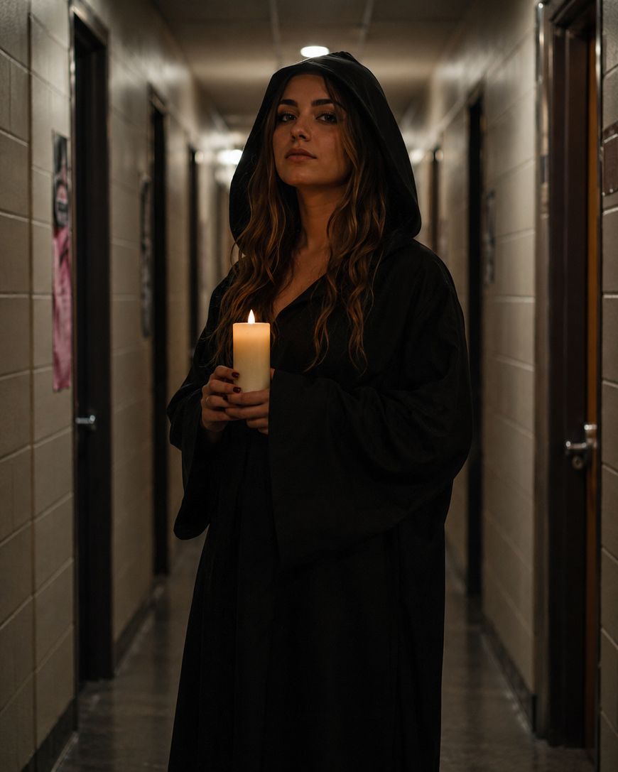 A woman in a black hooded robe stands in a dimly lit hallway, holding a lit candle with both hands and looking directly at the camera.