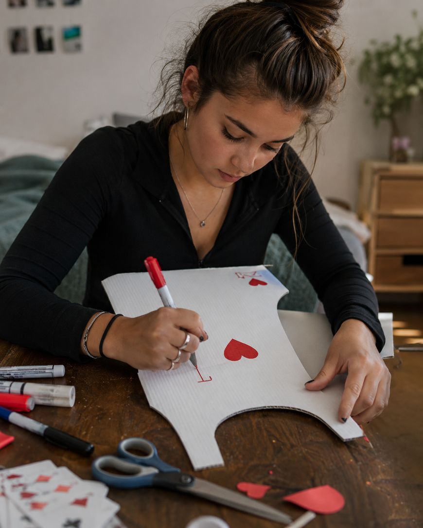 Young woman sits at a table drawing a red heart on a large piece of white cardboard. Scissors, markers, and playing cards are scattered on the wooden table around her.