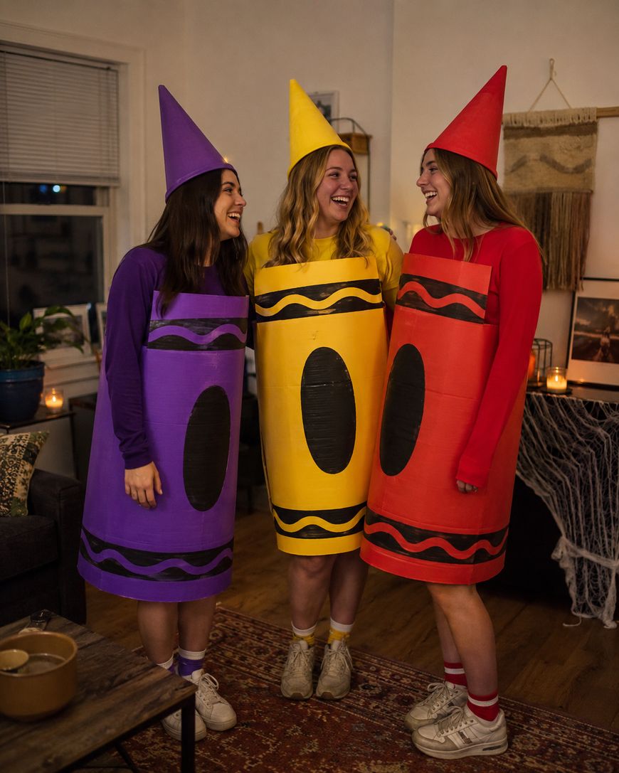 Three people dressed as crayons—purple, yellow, and red—stand together smiling in a cozy, warmly lit living room decorated for a gathering.