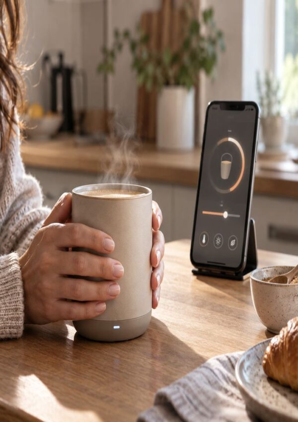 A person holds a steaming mug at a kitchen table with a croissant. Nearby, a smartphone displays a cup-warming app interface. The setting is cozy and warmly lit.