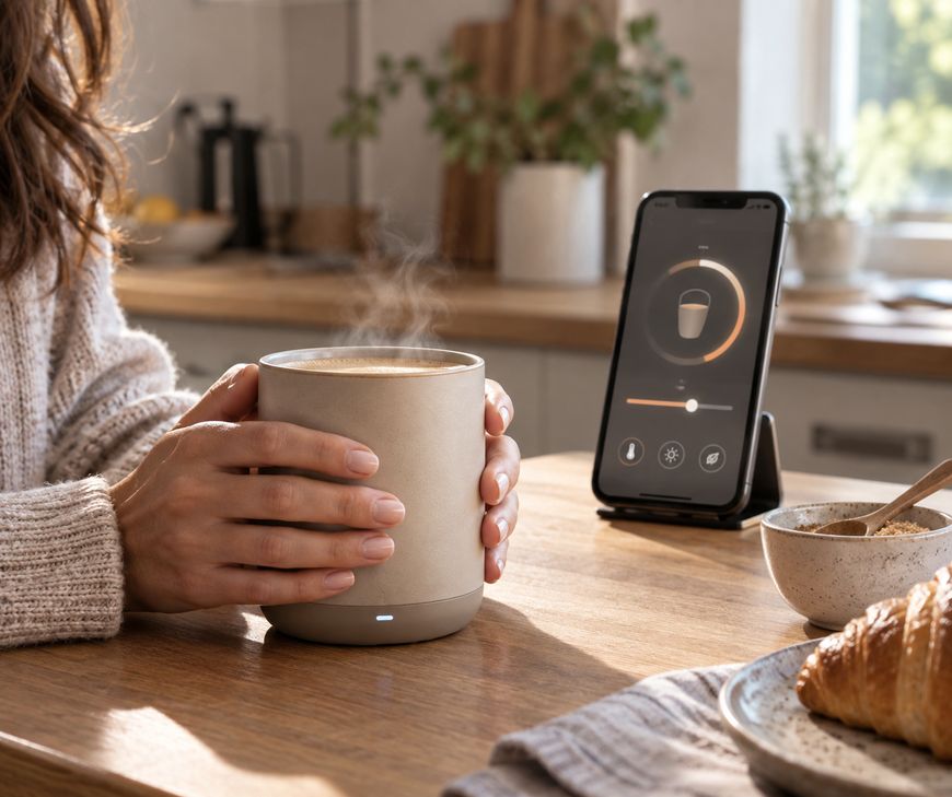A person holds a steaming mug on a kitchen counter next to a smartphone displaying a mug control app. A croissant and spoon are also on the wooden surface.