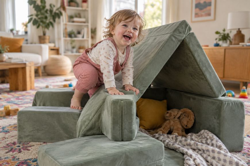 Smiling toddler climbs on a soft foam play structure shaped like a house, with a stuffed animal and blanket nearby in a cozy, sunlit living room.