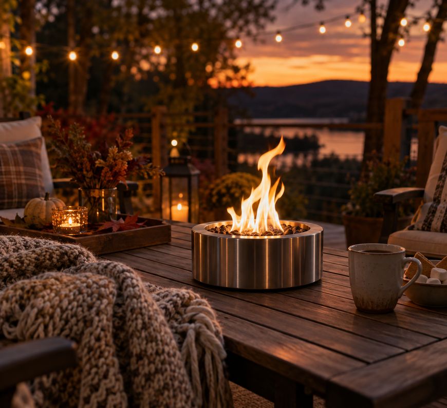 A cozy outdoor patio at sunset with a fire pit on a wooden table, surrounded by blankets, fall decor, a mug, and string lights, overlooking trees and water in the background.