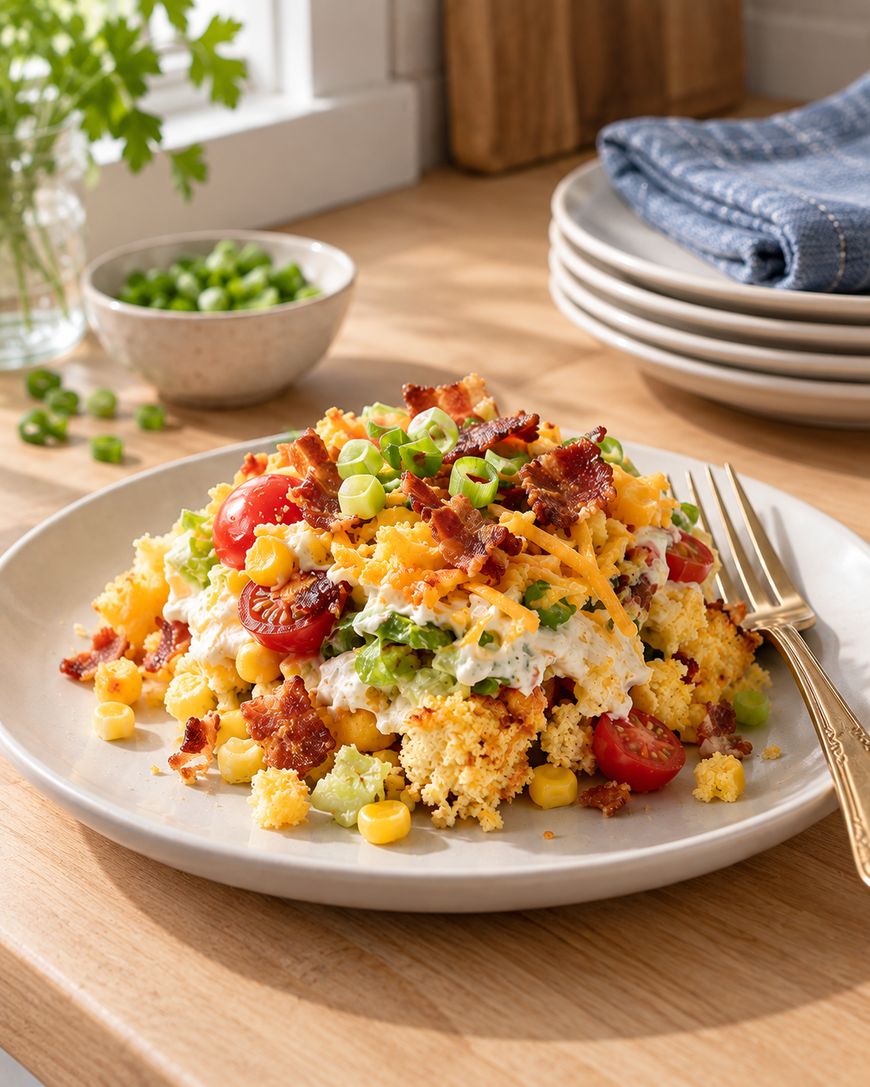 A plate of cornbread salad with layers of cornbread, bacon, tomatoes, corn, shredded cheese, lettuce, and green onions sits on a table next to a fork, with plates, a napkin, and a bowl of chopped green onions nearby.