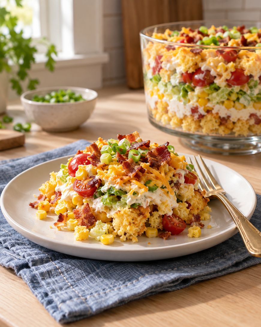 A plate of layered cornbread salad with corn, tomatoes, cheese, bacon, and green onions sits on a blue cloth, with a glass bowl of the same salad and a bowl of chopped onions in the background.