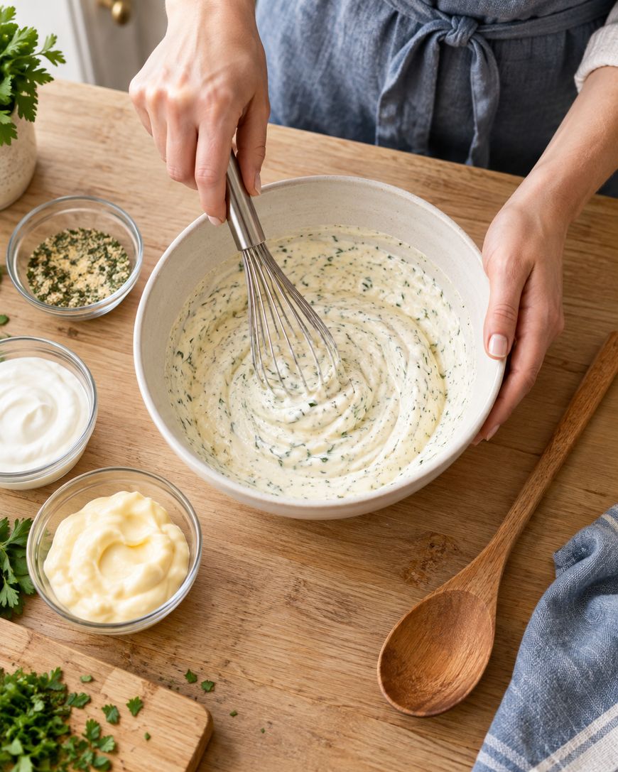 A person whisks a creamy herb mixture in a white bowl on a wooden table, surrounded by small bowls of ingredients and fresh herbs.