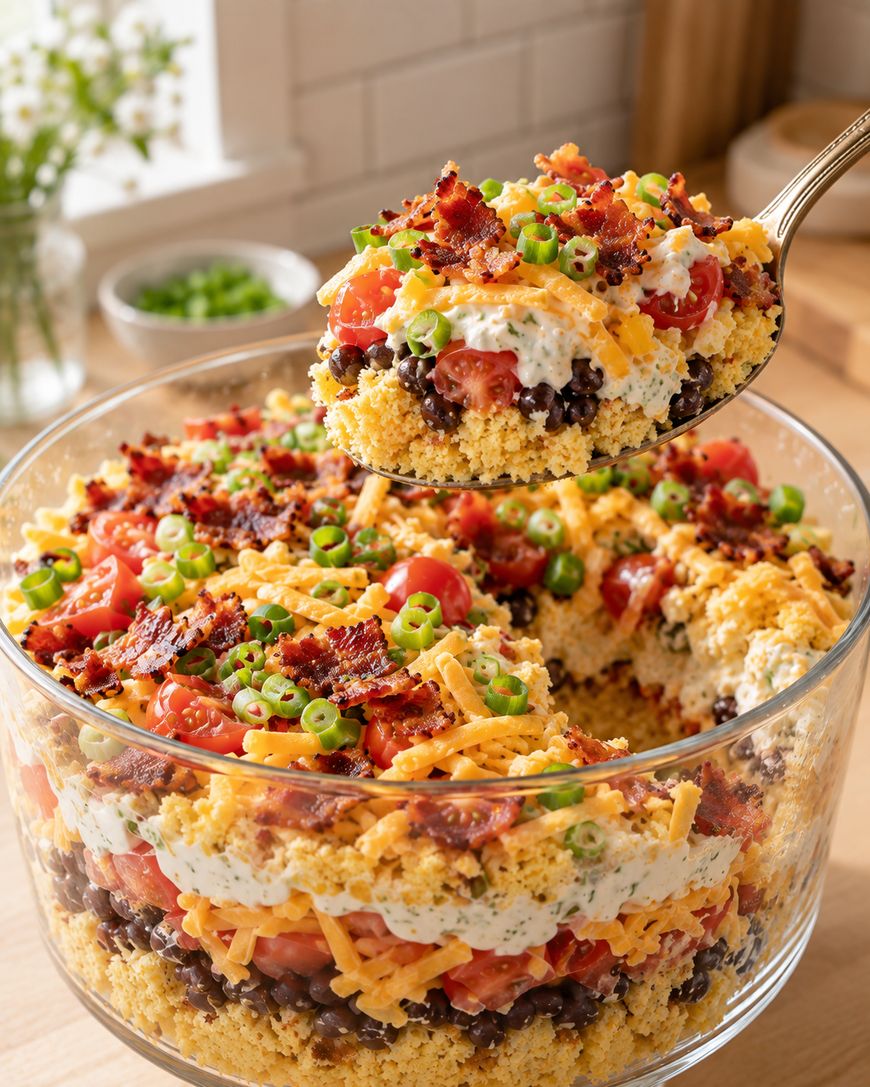 A clear glass bowl with layered cornbread salad, featuring cornbread, black beans, tomatoes, cheese, green onions, and bacon, with a large spoon lifting a serving.