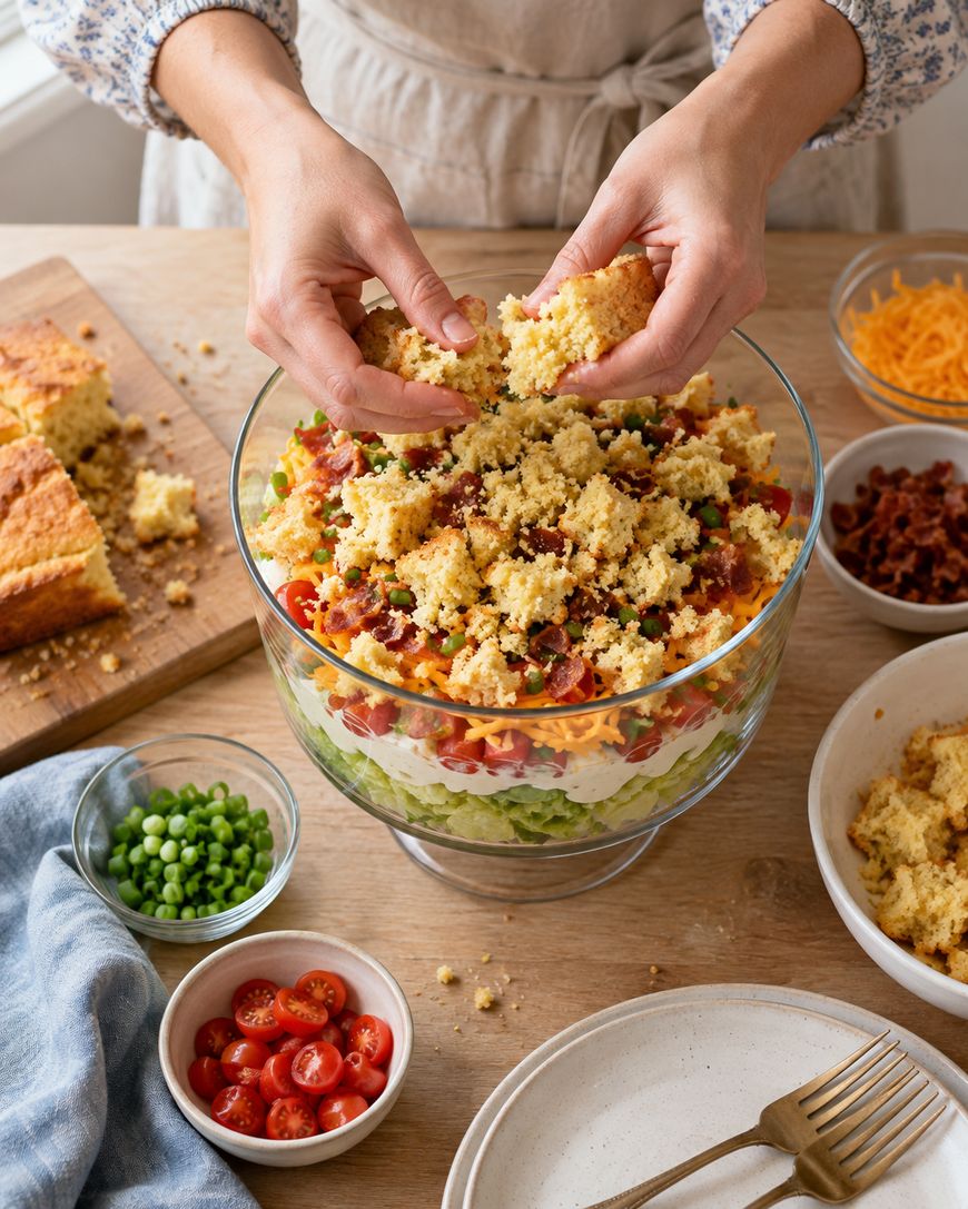 A person crumbles cornbread over a layered salad in a glass bowl. Surrounding the bowl are dishes of peas, cherry tomatoes, cheese, bacon, and extra cornbread on a wooden table.