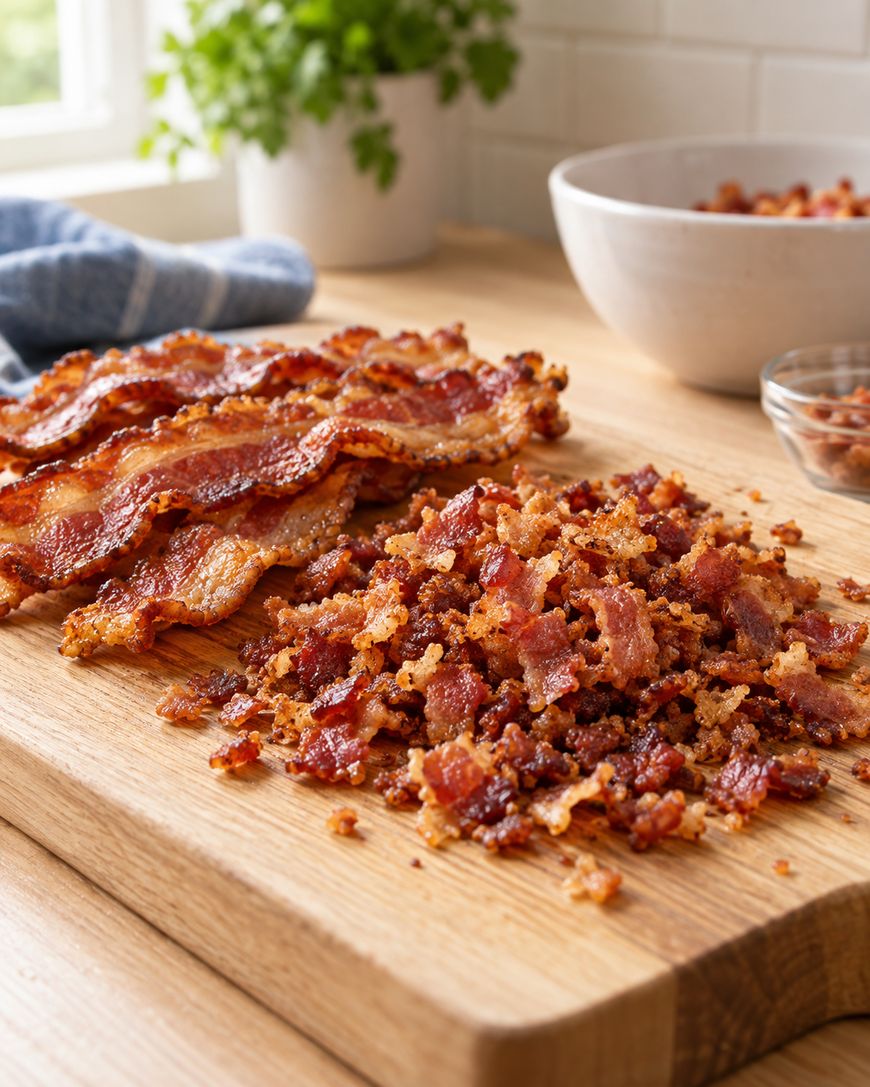 Cooked bacon strips and bacon bits are arranged on a wooden cutting board, with a bowl and fresh herbs visible in the background.