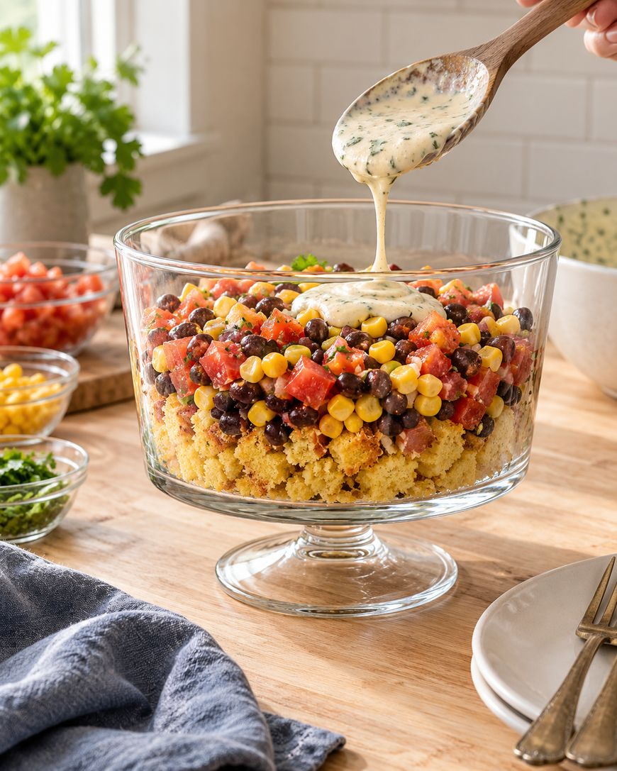 A glass trifle dish filled with layers of cornbread, black beans, corn, tomatoes, and peppers. A hand pours creamy dressing over the top. Plates and fresh ingredients are on the wooden table nearby.