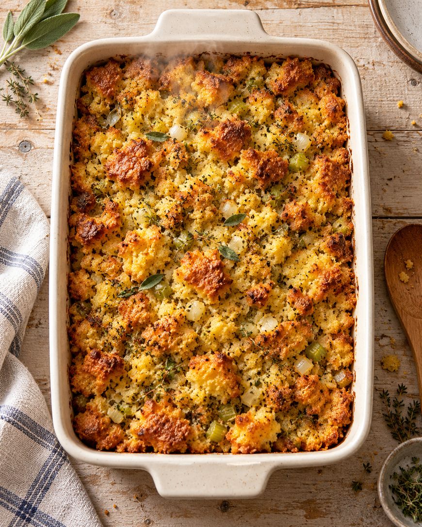 A golden-brown cornbread stuffing baked in a rectangular dish, with visible herbs, onions, and celery on top, sitting on a wooden table with a towel and wooden spoon nearby.