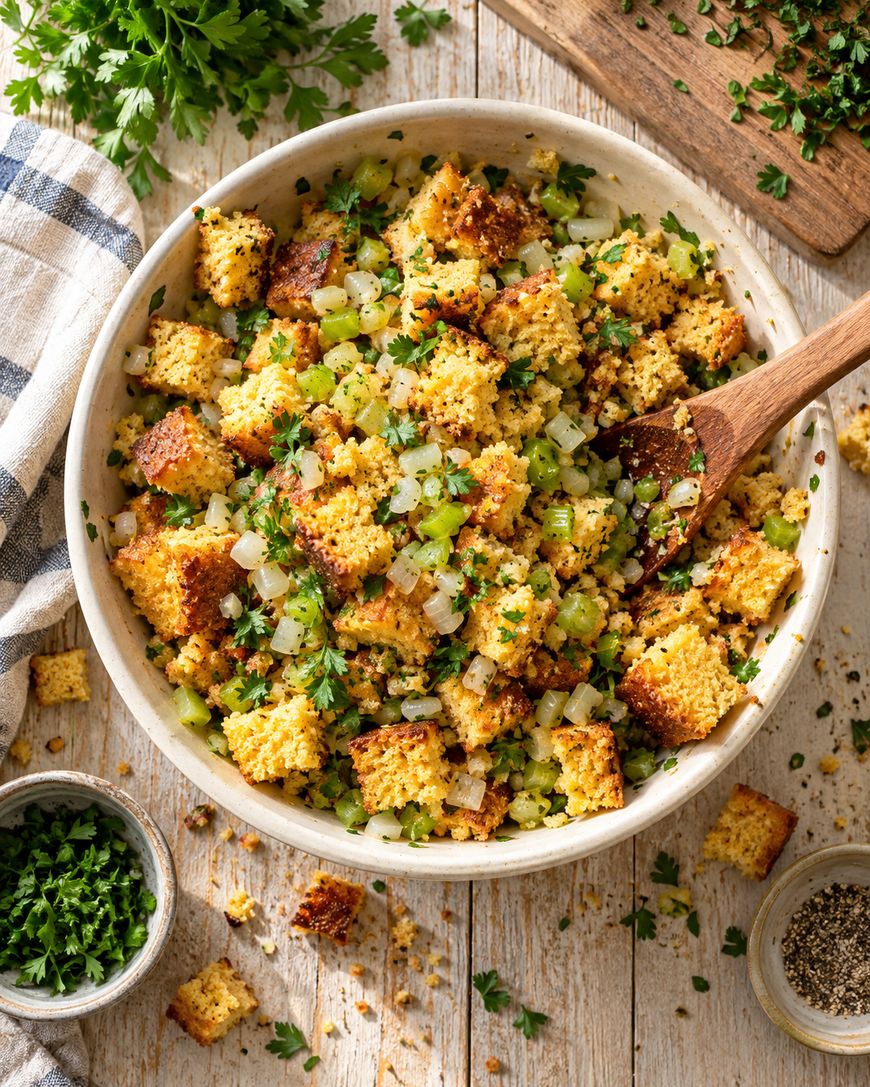 A bowl of cornbread stuffing with diced celery, onions, and fresh herbs, mixed with a wooden spoon, sits on a white wooden table next to a cloth napkin and small bowls of chopped herbs.