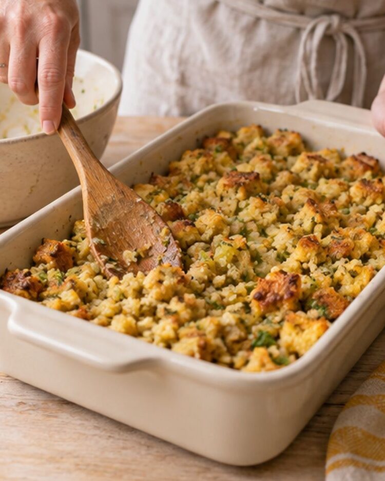 A person stirs homemade bread stuffing with a wooden spoon in a white baking dish on a wooden table, next to a yellow-striped towel.