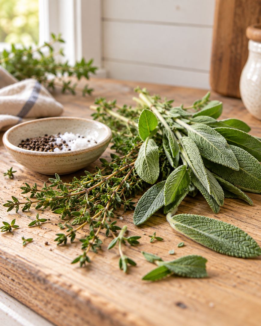 Fresh sprigs of sage and thyme on a rustic wooden table beside a small bowl of salt and pepper, with a striped cloth and window in the background.