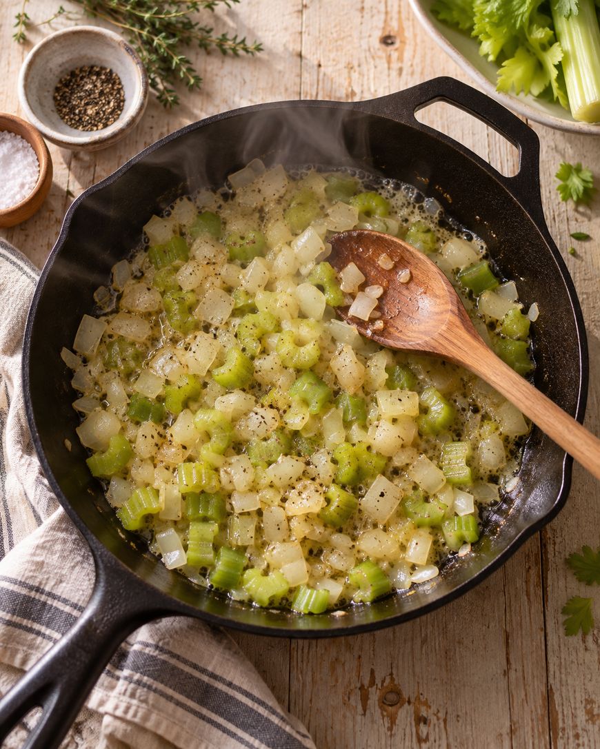 Diced onions and celery are being sautéed in a cast iron skillet with a wooden spoon. Fresh herbs, salt, pepper, and a striped towel are nearby on a rustic wooden table. Steam is rising from the pan.