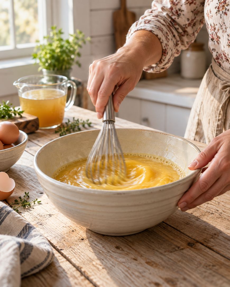 A person whisks eggs in a large ceramic bowl on a wooden kitchen table, with cracked eggs, a bowl, and a pitcher of liquid nearby. Sunlight streams through a window in the cozy kitchen.