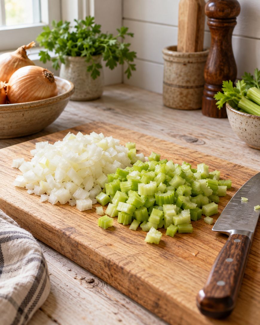 Chopped onions and celery on a wooden cutting board with a knife. In the background, whole onions, parsley, celery stalks, and kitchen items sit on a rustic countertop near a window.
