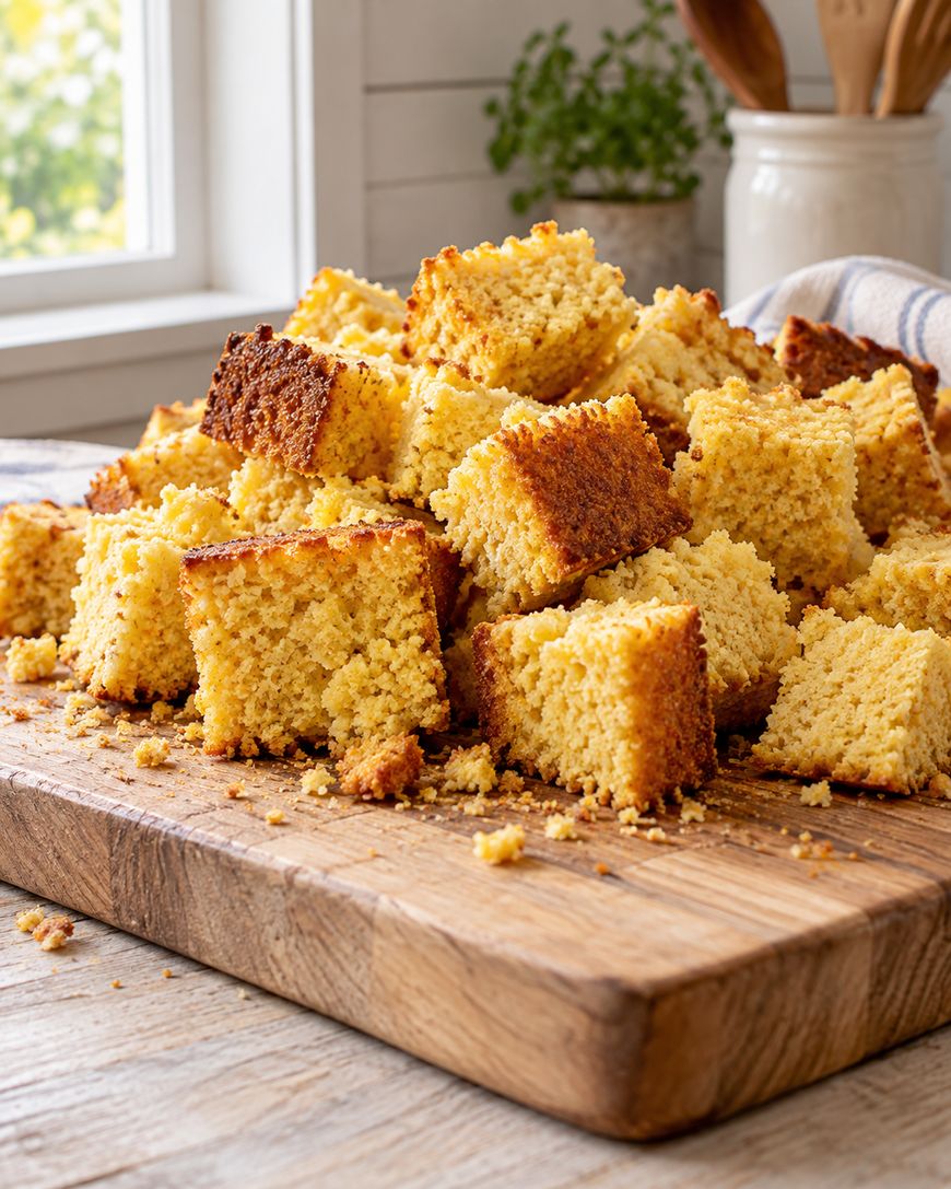 A pile of golden-brown cornbread cubes sits on a wooden cutting board, with crumbs scattered around. A window and kitchen items are visible in the bright, cozy background.