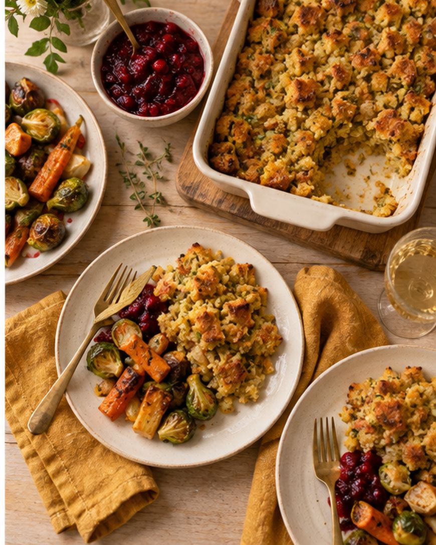 Two plates with stuffing, roasted carrots and brussels sprouts, and cranberry sauce. A serving dish of stuffing and a bowl of cranberry sauce are on the table, along with glasses and gold utensils.