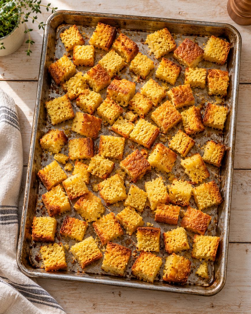 A baking sheet filled with evenly spaced golden brown cornbread cubes, resting on a wooden surface with a striped towel and a potted herb nearby.