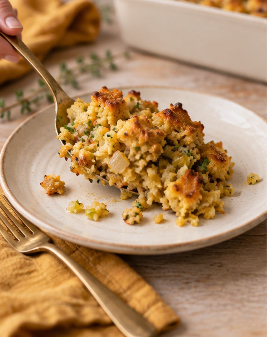 A serving of golden-brown cornbread stuffing with herbs and vegetables is scooped onto a beige plate, next to a fork and knife on a napkin.
