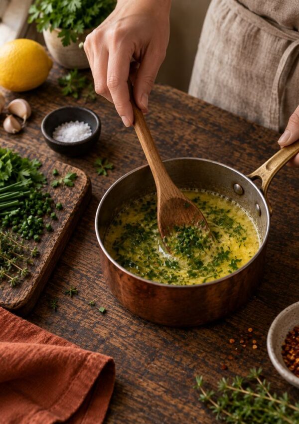A person stirs chopped herbs into melted butter in a copper saucepan on a rustic wooden table surrounded by fresh herbs, salt, garlic, a lemon, and a red napkin.