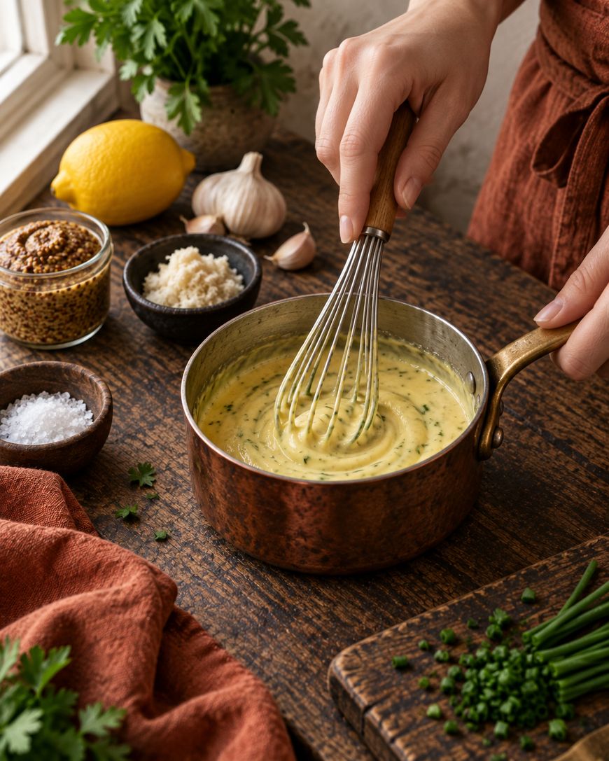 A person whisks a creamy sauce with herbs in a copper saucepan on a rustic table with lemon, spices, garlic, and fresh herbs nearby.