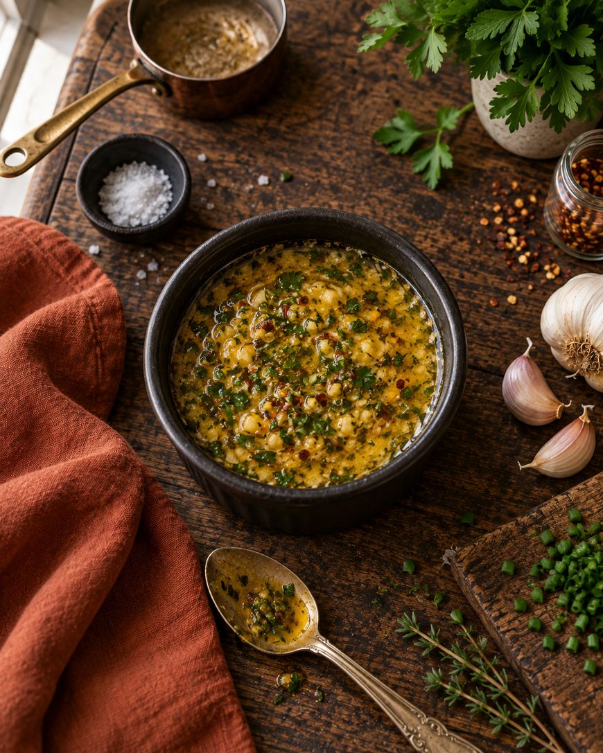 A bowl of herb and chickpea soup sits on a rustic wooden table with scattered fresh herbs, garlic, salt, and a gold spoon. A red cloth napkin is nearby, creating a warm, inviting setting.